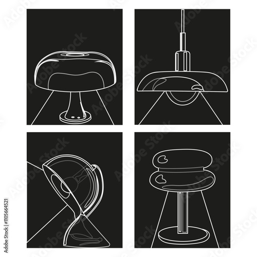 Black and white linear posters collection of vintage home lamps. Different interior light decor in retro styles. Home illumination for cozy interior. Interior home line poster