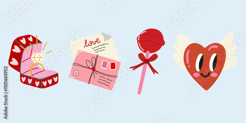 Cute stickers for Valentine's Day on February 14 in retro flat style. Romantic elements, love message, cute heart character, heart lollipop candy and engagement ring