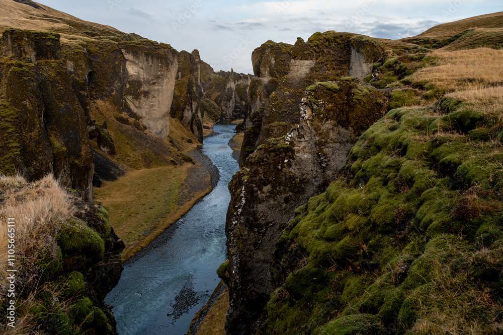 Obraz premium Mountain river in Fjadrargljufur Canyon. Travel to Iceland. Beautiful scenery. Icelandic landscape.