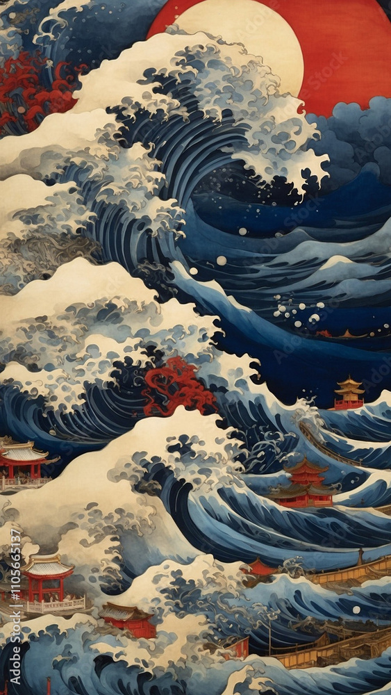 Fototapeta premium Night sea waves with a moon