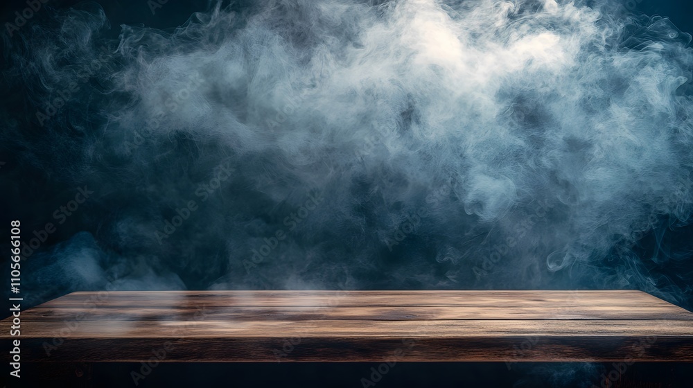 Wooden Tabletop Against Smoky Dark Background Wooden Tabletop Against Smoky Dark Background
