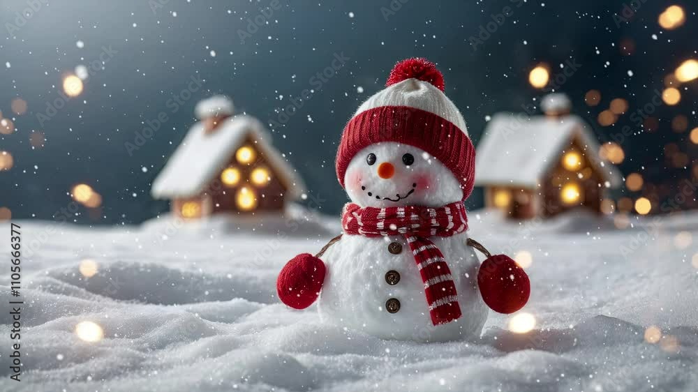 little snowman and Christmas tree on the snow with Christmas decoration and lightning in the winter. Winter holiday background. snowman with hat and scarf. snowy landscape in the forest 4K loop
