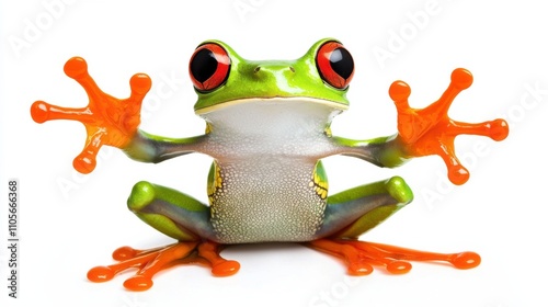 Vibrant Tree Frog Balanced on Leaf in Closeup Nature Photography