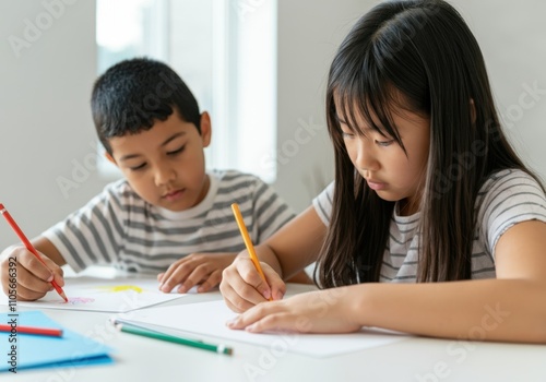 Asian children writing and drawing at a table in a bright room