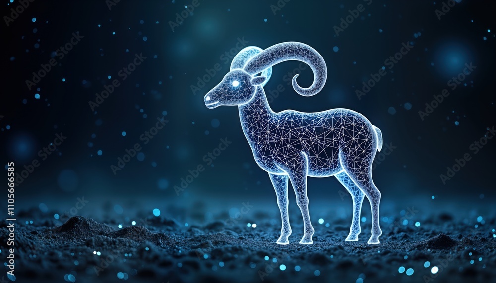 Geometric ram illustration on dark cosmic background. Animal design uses polygonal shapes. Abstract design evokes tech concepts. Suitable for zoology astrophysics themes. Modern animal image suitable