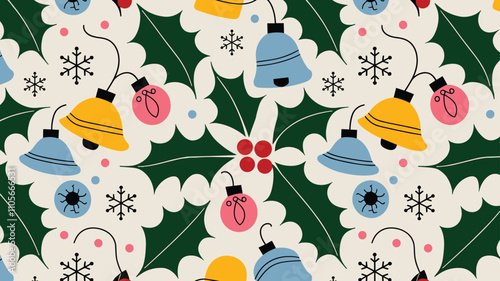 Seamless festive holiday background pattern with colorful Christmas ornaments