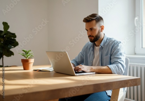 Caucasian young male working on laptop in home office with natural light