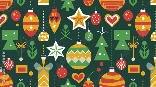 Seamless festive holiday background pattern with colorful Christmas ornaments