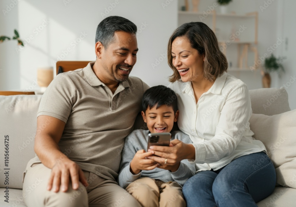 Hispanic family enjoying time together on sofa with mobile phone Hispanic family enjoying time together on sofa with mobile phone