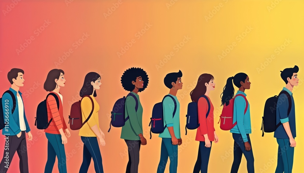 Fototapeta premium Diverse teenagers walk in row. People of different ethnicities, backgrounds. Equality, diversity. Inclusive community represented. School college students. Friendly, positive atmosphere. Integration
