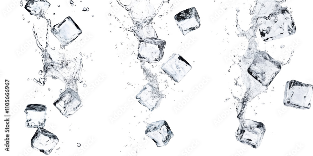 collection of flying ice cubes with splashing water isolated on transparent or white background