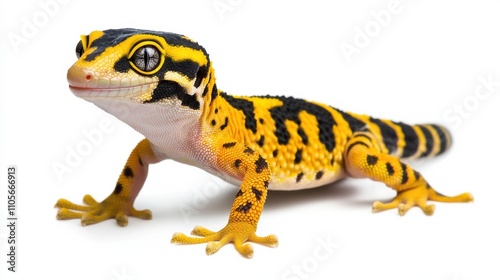 Close up View of Spotted Yellow and Black Gecko Lizard Climbing on Surface