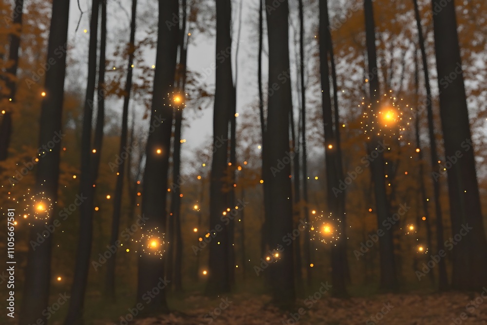 Enchanted Autumn Forest Glowing with Magical Lights and Sparkling Orbs Enchanted Autumn Forest Glowing with Magical Lights and Sparkling Orbs