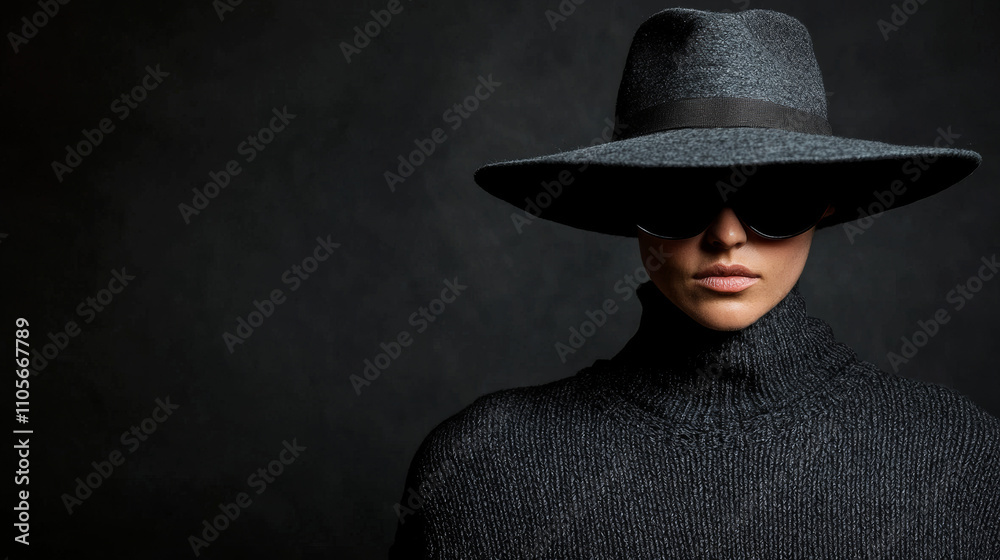A stylish figure in a dark turtleneck and wide-brimmed hat, exuding mystery against a moody background. A stylish figure in a dark turtleneck and wide-brimmed hat, exuding mystery against a moody background.