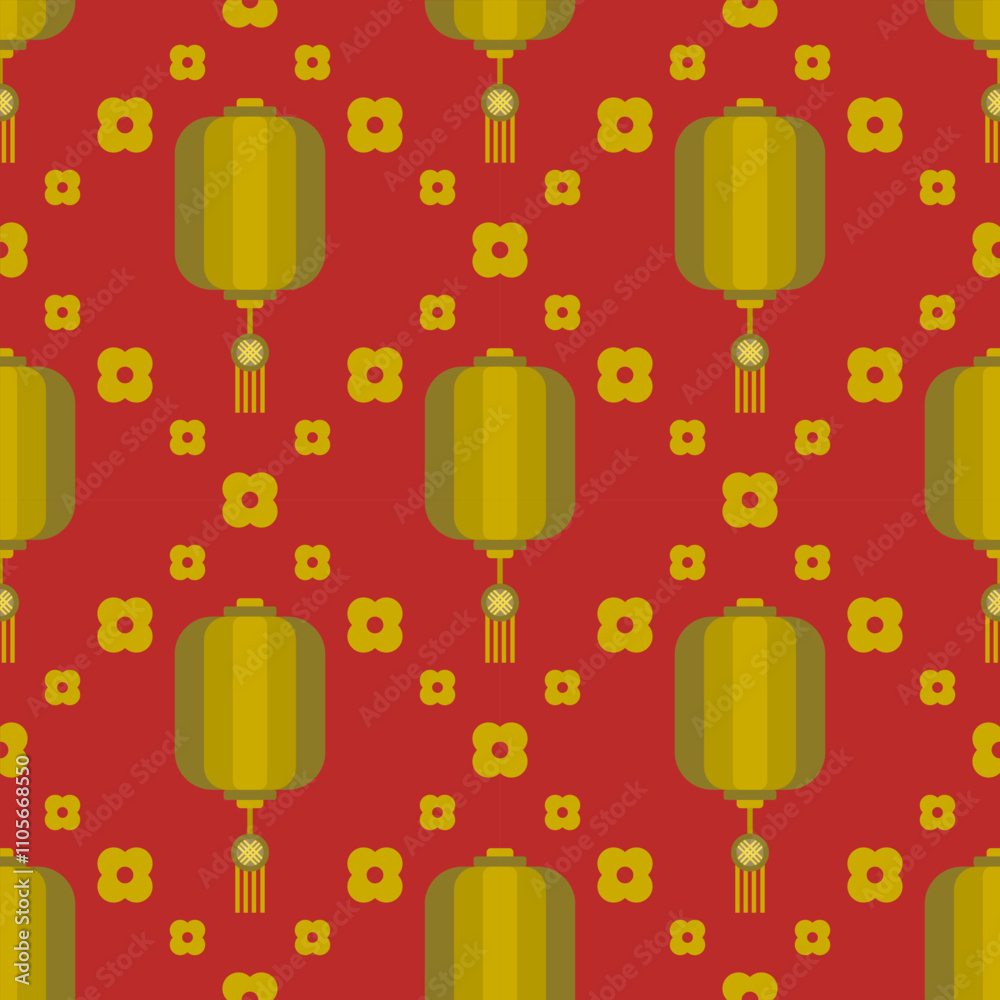 Chinese new year Red gold Asian lantern and flowers seamless pattern