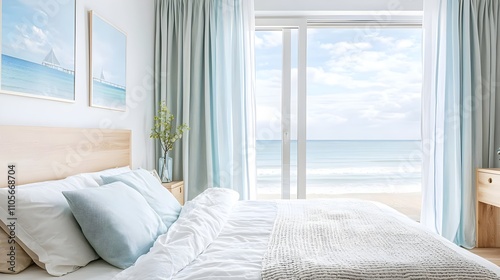 Light-Filled Coastal Bedroom with Wooden Bed, White Linens, and Ocean Breeze (Beachside Bliss)