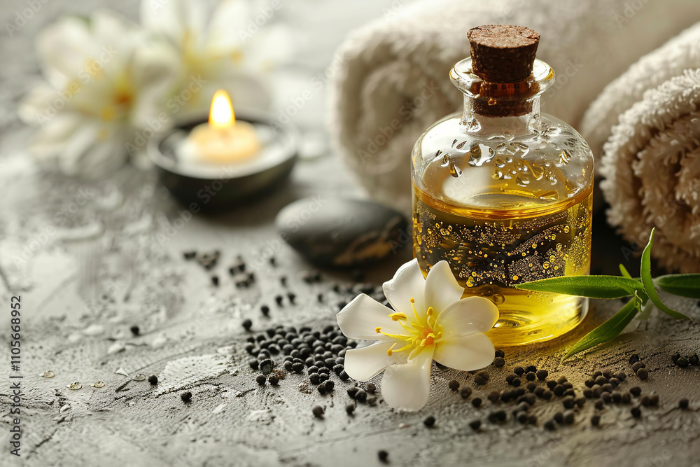 A bottle of essential oil on a gray background with bunch of flowers. Skin care oil, natural cosmetics, spa treatments on a gray background. A bottle of essential oil on a gray background with bunch of flowers. Skin care oil, natural cosmetics, spa treatments on a gray background.