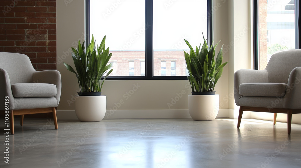 A modern interior featuring two stylish armchairs and potted plants near a large window, enhancing the space with natural light and greenery.