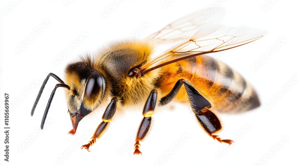 Detailed Close Up View of a Honeybee Insect with Compound Eyes Legs and Wings Against a White Background Detailed Close Up View of a Honeybee Insect with Compound Eyes Legs and Wings Against a White Background