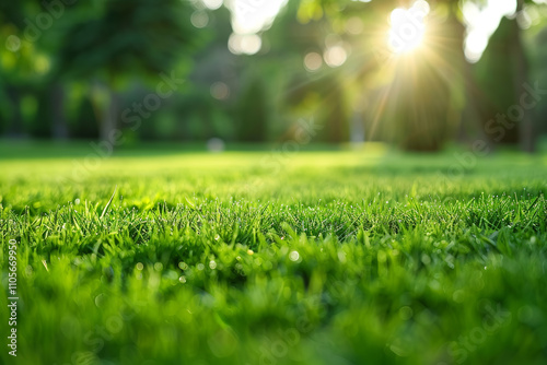 A field of grass with shadows of the sun on it. Green lawn with fresh grass outdoors, beauty of a simple landscape.