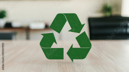 A green recycling symbol stands prominently on a light wooden surface, emphasizing sustainability and eco-friendliness in a modern workspace.