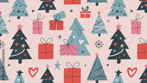 Seamless festive holiday background pattern with colorful Christmas ornaments