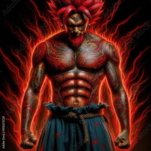 illustration angry yakuza with tattoo energy red aura, ai