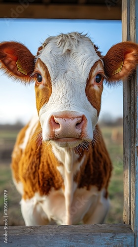 Beautiful curious brown cow captured grazing in lush green meadow picture photo