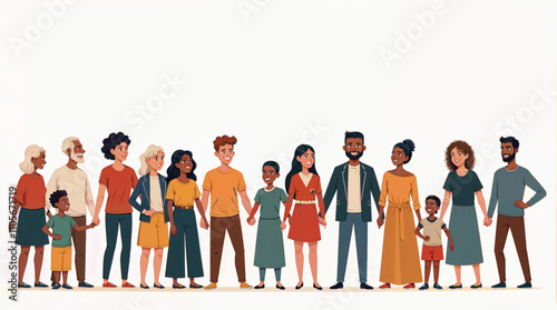 People of different cultures and races on a white background. Men and women young and old, along with children and people with disabilities, join together in joy. Illustration