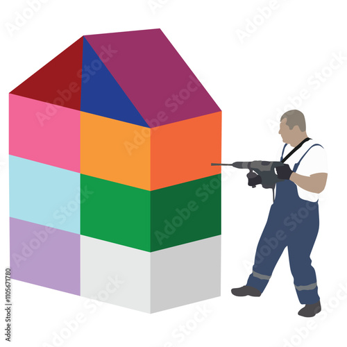 Construction worker electric drill Drilling concrete with jackhammer, ground in construction area. Man repairing wall with heavy duty machine. mason drilling cement concrete. vector