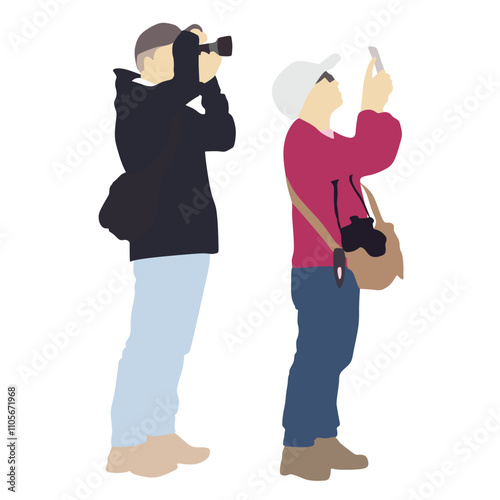 Senior tourist photographer with camera vector silhouette. Journalist mature man traveler capture interesting view. Secret agent duty. Passenger on vocation take photos.