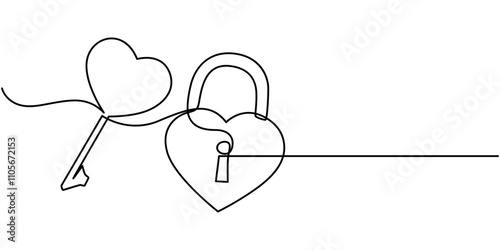 Continuous line drawing heart shaped lock. Love concept. Vector illustration, Continuous one line drawing of padlockwith key hole. Padlock shapped love line art vector illustration, Heart lock, One. 