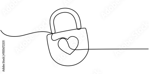 Continuous line drawing heart shaped lock. Love concept. Vector illustration, Continuous one line drawing of padlockwith key hole. Padlock shapped love line art vector illustration, Heart lock, One. 