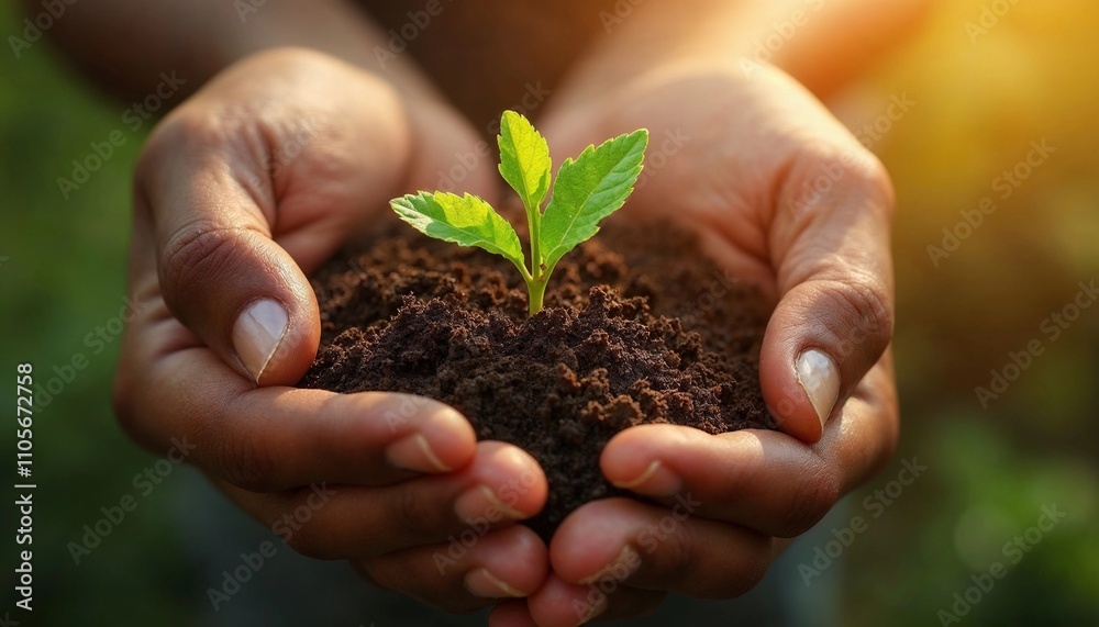 Hands Holding Seedling in Rich Soil Under Sunlight Hands Holding Seedling in Rich Soil Under Sunlight