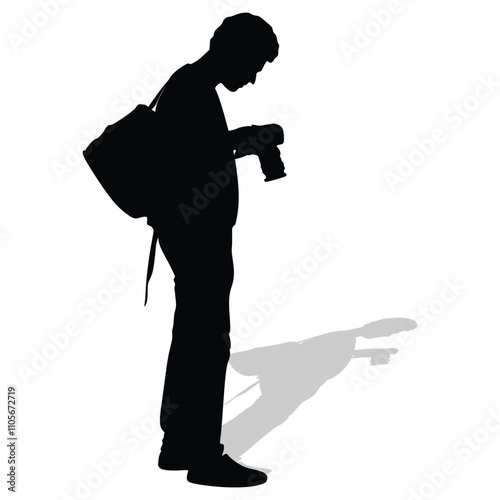 Landscape photographer with camera without tripod vector silhouette. Paparazzi shooting on the event illustration isolated. Photo reporter on duty. Journalist work for breaking news