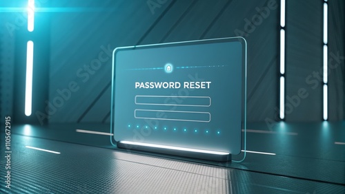 Digital interface for password reset process displayed in a futuristic environment