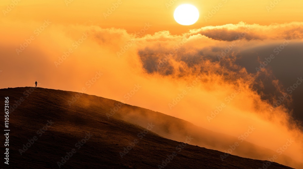 Fototapeta premium Serene Sunset Over Rolling Hills with Solitary Figure in Twilight