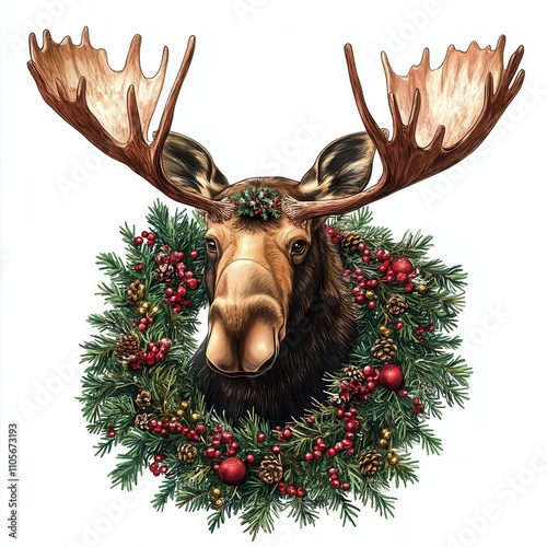 Moose head adorned with a festive wreath of greenery and red berries.