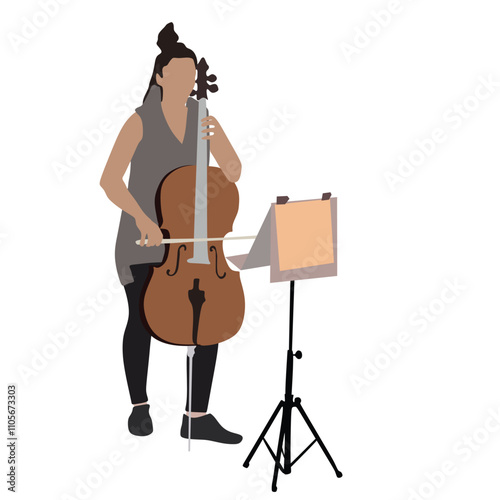 Young girs  contrabass silhouette playing a violin and contrabass over white background vector.