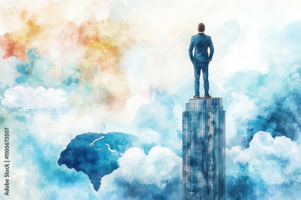 A person stands on a skyscraper, gazing at a vibrant, cloudy sky. A person stands on a skyscraper, gazing at a vibrant, cloudy sky.