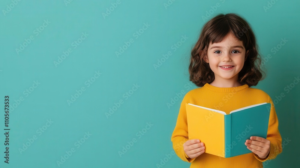 Cheerful child holding a colorful book against a turquoise background. Cheerful child holding a colorful book against a turquoise background.