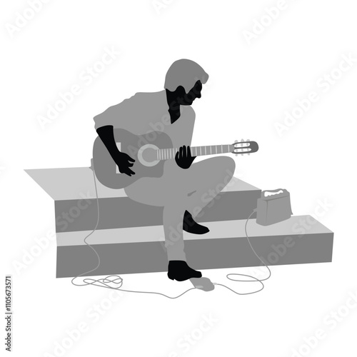 Street performers with guitar ,vector silhouette illustration isolated on white background. Guitar player.