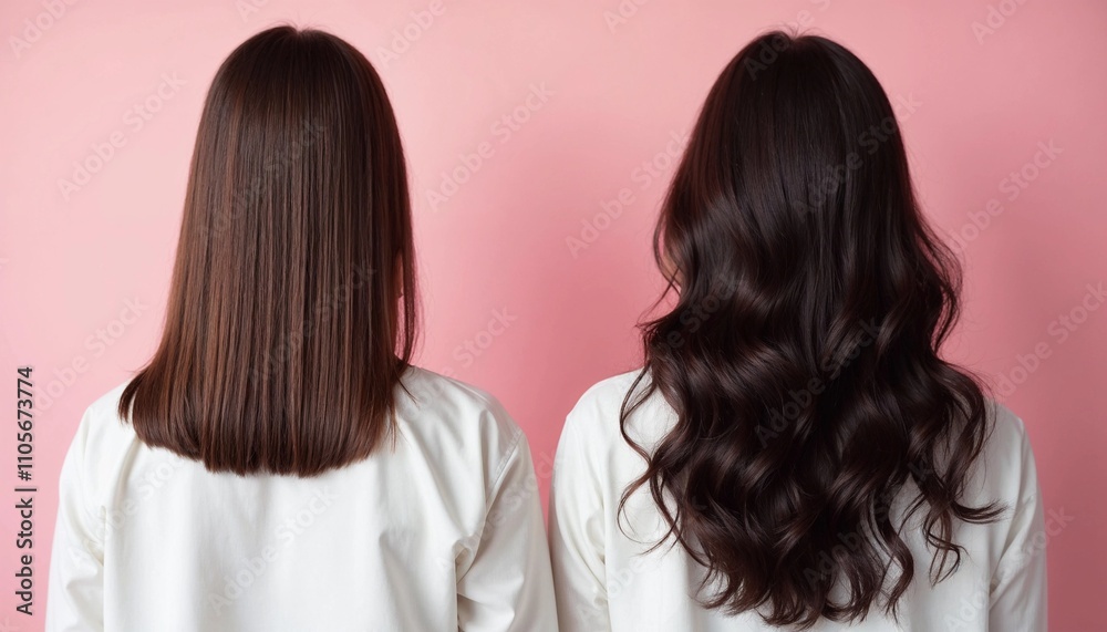 Fototapeta premium Comparison of Straight and Wavy Hairstyles on Pink Background