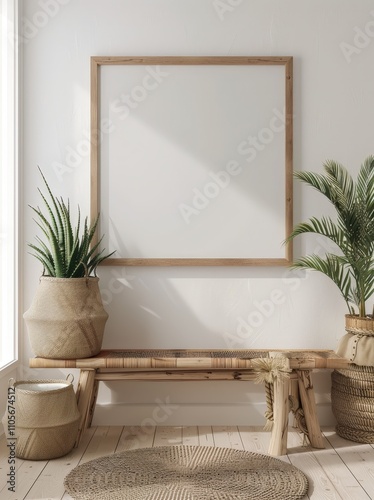 Minimalist living room interior with wooden bench. potted plants. and a blank square frame on the wall