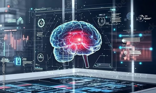 A glowing AI brain analyzing a holographic decision matrix with business choices, symbols, and digital arrows dashboard. The concept illustrates AI-driven decision-making