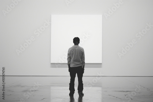 horizontal black & white image of a man standing in front of a blank squared painting in a gallery, mockup space