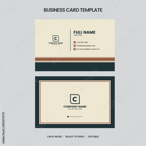 Modern business card template featuring a cream background, dark teal accents, and a minimalist C logo. Includes contact details and is ready to print.