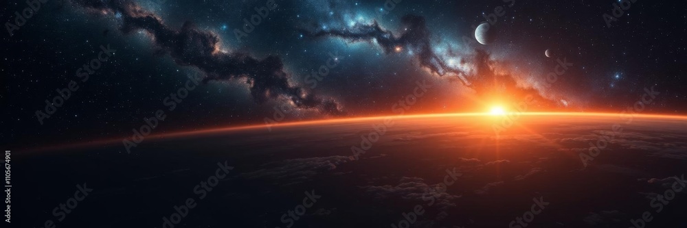 A mesmerizing planet with a glowing sunrise shining against a backdrop of twinkling stars, universe, outer space, galaxy