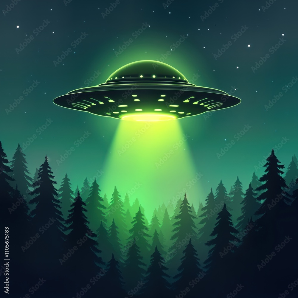 Alien flying saucer glows green over dark forest at night. Mysterious light beam from craft illuminates trees. Mysterious nocturnal scene. Evening in deep forest. Strange object in sky. Unusual event Alien flying saucer glows green over dark forest at night. Mysterious light beam from craft illuminates trees. Mysterious nocturnal scene. Evening in deep forest. Strange object in sky. Unusual event