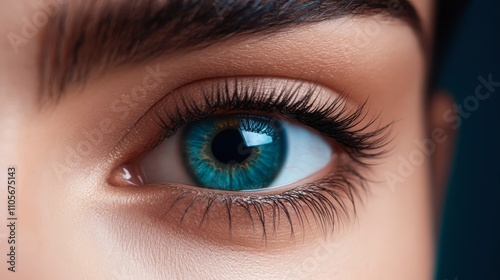 A close-up shot of a captivating eye with vibrant blue hues and long lashes, perfect for use in beauty, health, and vision-related projects, showcasing detail and emotion,